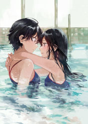 Rule 34 | 2girls, arms around neck, black hair, blush, commentary request, eye contact, face-to-face, fly 333, from side, hug, imminent kiss, long hair, looking at another, multiple girls, original, pool, profile, revision, short hair, standing, swimsuit, water, wet, yuri