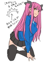 Rule 34 | 1girl, aono shimo, bad id, bad pixiv id, black skirt, black thighhighs, blue sweater, blunt bangs, cosplay, fate/grand order, fate/stay night, fate (series), female focus, flat color, hands on floor, highres, kneeling, long hair, medb (fate), pink hair, pleated skirt, ribbon, skirt, smile, solo, sweater, text focus, thighhighs, tohsaka rin, tohsaka rin (cosplay), translation request, turtleneck, two side up, white background, yellow eyes, zettai ryouiki