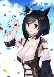 Rule 34 | 1girl, absurdres, animal ears, apron, black hair, black sleeves, blouse, blue eyes, blue sky, bob cut, bodice, breasts, choker, cleavage, cloud, cloudy sky, commentary request, confetti, detached sleeves, dirndl, ear scrunchie, eishin flash (umamusume), frilled apron, frilled sleeves, frills, from side, german clothes, hair between eyes, highres, horei tsuna, horse ears, horse girl, large breasts, looking at viewer, looking to the side, outdoors, red choker, scrunchie, shirt, short hair, sky, smile, solo, umamusume, upper body, white apron, white scrunchie, white shirt