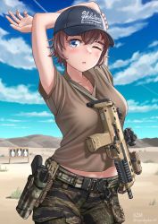 Rule 34 | 1girl, baseball cap, blue eyes, blue sky, breasts, brown hair, brown shirt, camouflage, camouflage pants, cloud, cloudy sky, desert, english text, glock, gun, h&amp;k mp7, handgun, hat, highres, holster, holstered, kzm (sub-moa works), medium breasts, mountain, one eye closed, original, pants, personal defense weapon, pistol, sand, shirt, shooting range, sky, solo, submachine gun, target, target practice, weapon, weapon request