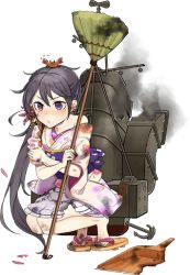 Rule 34 | 10s, 1girl, akebono (kancolle), bell, crab, drew (drew213g), flower, hair bell, hair flower, hair ornament, japanese clothes, jingle bell, kantai collection, kimono, machinery, sandals, simple background, smoke, solo, torn clothes, transparent background
