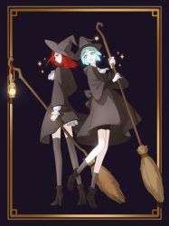 Rule 34 | 2others, alternate costume, androgynous, aqua eyes, aqua hair, back-to-back, bad id, bad twitter id, black dress, blue eyes, blue hair, boots, broom, dress, hat, high heels, highres, houseki no kuni, lantern, looking at another, multiple others, mydeerwitch, open mouth, phosphophyllite, red eyes, red hair, cinnabar (houseki no kuni), smile, sparkle, thighhighs, witch, witch hat
