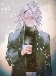 Rule 34 | 1boy, black suit, black sweater, coffee cup, commentary request, cup, disposable cup, formal, hair between eyes, highres, holding, holding cup, male focus, medium hair, moony (mogmogmelt), nier, nier (brother), nier (series), smile, snowing, solo, standing, suit, sweater, teeth, white background, white hair