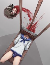 Rule 34 | 1girl, blood, blue one-piece swimsuit, blush, breasts, brown eyes, brown hair, btw mikami, collarbone, corpse, death, decapitation, dress, execution, female focus, guillotine, guro, miyafuji yoshika, one-piece swimsuit, open mouth, sailor dress, short hair, small breasts, solo, strike witches, swimsuit, world witches series