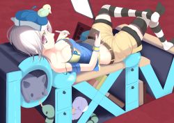 Rule 34 | 1girl, absurdres, bird, book, breasts, cat, cleavage, crossed legs, drawing tablet, grey hair, hat, highres, lying, medium breasts, nail art, nail polish, original, purple eyes, rabbit, shorts, sitting, snake, striped clothes, striped thighhighs, stylus, sukage, tank top, thighhighs