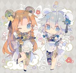 Rule 34 | 2girls, ;), ahoge, alternate costume, apron, back bow, blue bow, blue dress, blue eyes, blue footwear, bow, braid, chibi, china dress, chinese clothes, closed mouth, commentary request, double bun, dress, expressionless, floral print, flower, full body, green dress, grey hair, hair bun, hair flower, hair ornament, highres, hong meiling, izayoi sakuya, long hair, looking at viewer, maid apron, matching outfits, multiple girls, nikorashi-ka, one eye closed, orange hair, parted bangs, short sleeves, smile, standing, star (symbol), star hair ornament, tassel, tassel hair ornament, touhou, twin braids, white apron, wrist cuffs