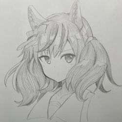 Rule 34 | 1girl, animal ears, bow, closed mouth, dot mouth, ear covers, ear ribbon, graphite (medium), highres, horse ears, horse girl, looking at viewer, monochrome, nice nature (umamusume), sailor collar, short hair, simple background, solo, traditional media, tsuji kazuho, two side up, umamusume, upper body, white background