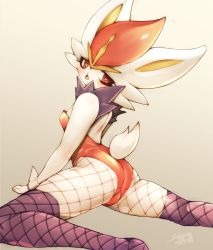 Rule 34 | 1girl, animal ears, animal hands, artist name, bare shoulders, beige background, black pantyhose, blush, breasts, buck teeth, cinderace, clothed pokemon, creatures (company), fake animal ears, female focus, fishnet thighhighs, fishnets, from behind, furry, furry female, game freak, gen 8 pokemon, gradient background, half-closed eyes, highres, kneeling, leotard, looking back, matching hair/eyes, nintendo, open mouth, pantyhose, playboy bunny, pokemon, pokemon (creature), rabbit ears, rabbit tail, red eyes, red hair, red leotard, shiny clothes, shiny skin, short hair, shourin bonzu, signature, simple background, skindentation, small breasts, solo, spread legs, strapless, strapless leotard, tail, teeth, thighhighs, wrist cuffs