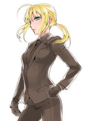 Rule 34 | 1girl, ahoge, artoria pendragon (all), artoria pendragon (fate), bad id, bad pixiv id, black necktie, black suit, blonde hair, fate/zero, fate (series), formal, gloves, green eyes, long hair, necktie, nito (siccarol), ponytail, saber (fate), solo, suit