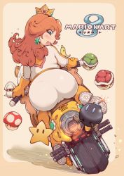 Rule 34 | 1girl, :d, alternate costume, alternate hairstyle, ass, banana peel, belt, blooper (mario), blue eyes, blush, bob-omb, bodysuit, brown hair, cameltoe, cleft of venus, coin, crown, earrings, female focus, flower earrings, from behind, gloves, huge ass, ibukichi, impossible clothes, jewelry, koopa shell, looking back, mario (series), mario kart, mario kart 8, motor vehicle, motorcycle, mushroom, nintendo, open mouth, orange belt, orange gloves, orange hair, orange scarf, plump, princess daisy, racing suit, riding, scarf, skin tight, smile, solo, star (symbol), super star (mario), super mario bros. 1, super mario land, super mushroom, super star, tight clothes, tomboy, turtle shell, vehicle