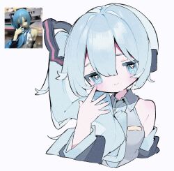 Rule 34 | 1girl, alternate hairstyle, aqua eyes, aqua hair, bare shoulders, broken miku&#039;s tail (meme), closed mouth, collared shirt, detached sleeves, grey shirt, hair between eyes, hair ornament, hand up, hatsune miku, highres, long hair, looking at viewer, meme, necktie, reference inset, shirt, side ponytail, simple background, sleeveless, sleeveless shirt, smile, upa papa co, upper body, vocaloid
