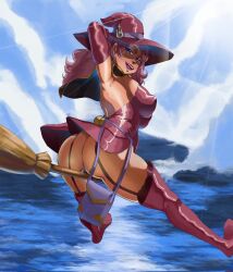 Rule 34 | 1girl, ass, bare shoulders, black clover, breasts, female focus, flying, hat, highres, huge ass, large breasts, pink eyes, pink hair, sideboob, solo, thick thighs, thighs, vanessa enoteca, witch, witch hat