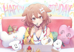 Rule 34 | 1girl, :3, animal collar, animal ears, bone hair ornament, braid, breasts, brown hair, cleavage, closed mouth, collar, couch, crumbs, dog ears, dog girl, eyelashes, fork, futo-inu, hair ornament, hands up, happy birthday, highres, holding, holding fork, holding plate, hololive, hoso-inu, inugami korone, inugami korone (1st costume), kamiya zuzu, large breasts, looking at viewer, low twin braids, medium hair, plate, shirt, sleeveless, sleeveless shirt, stuffed toy, twin braids, virtual youtuber, white dog, white shirt