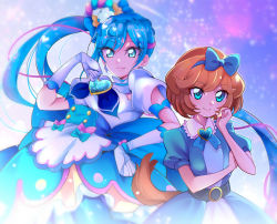 Rule 34 | 2girls, absurdres, animal ears, apron, ascot, belt, blue bow, blue eyes, blue hair, bow, brooch, brown hair, closed mouth, cowboy shot, cure spicy, delicious party precure, dog ears, dog tail, earrings, elbow gloves, fuwa kokone, gloves, hair bow, hair rings, hand on own hip, heart, heart brooch, highres, jewelry, long hair, looking at viewer, magical girl, mitsuki tayura, multicolored hair, multiple girls, pam-pam (precure), pam-pam (precure) (human), pink bow, pink hair, precure, purple background, short hair, smile, standing, tail, two-tone hair, white apron, white gloves
