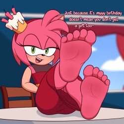 Rule 34 | 1girl, absurdres, amy rose, aplasticspork, ass, barefoot, big feet, blush, bracelet, cake, cake hat, chair, curvy, dessert, dress, english text, eyelashes, feet, female focus, flirting, food, foot focus, full body, furry, green eyes, hairband, hat, highres, indoors, jewelry, legs, long eyelashes, medium hair, narrowed eyes, naughty face, on table, party hat, pink fur, pink hair, presenting feet, red dress, red hairband, sega, sitting, sitting on table, smile, soles, solo, sonic (series), table, teasing, teeth, the murder of sonic the hedgehog, toes, wide hips, window