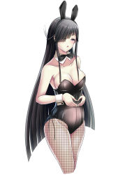 Rule 34 | 1girl, animal ears, black bow, black bowtie, black eyes, black hair, black leotard, bow, bowtie, breasts, cleavage, commentary request, cropped legs, detached collar, em denpani, fake animal ears, fishnet pantyhose, fishnets, hair over one eye, hayashimo (kancolle), highres, kantai collection, leotard, medium breasts, pantyhose, playboy bunny, rabbit ears, solo, standing, strapless, strapless leotard, wrist cuffs