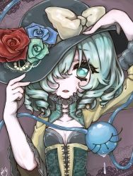 Rule 34 | 1girl, adapted costume, aqua hair, blue flower, blue rose, bodice, border, breasts, cleavage, cleavage cutout, clothing cutout, drill hair, eyelashes, flower, green eyes, green flower, green rose, hair over one eye, hands on headwear, hat, hat flower, hat ribbon, high collar, komeiji koishi, lace, lace border, looking at viewer, mokokiyo (asaddr), ornate border, parted lips, purple background, red flower, red rose, ribbon, rose, short hair, solo, tears, third eye, touhou, upper body
