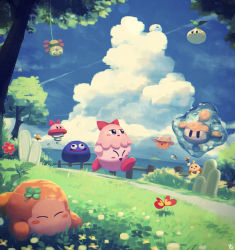 Rule 34 | blue eyes, blue sky, blush stickers, bouncy (kirby), bug, bush, butterfly, cattail, chuchu (kirby), cloud, clover, como (kirby), floaty the cell core (kirby), flower, foley (kirby), four-leaf clover, gooey (kirby), grass, highres, insect, island, kirby, kirby (series), kracko, leaf, nintendo, ocean, outdoors, palm tree, plant, revision, scarfy, sky, smile, suyasuyabi, tree, ufo (kirby), waddle dee, wall-eyed
