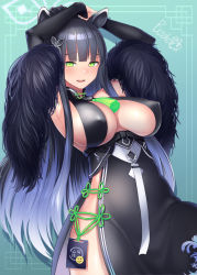 Rule 34 | 1girl, animal ears, armpits, arms behind head, arms up, bare shoulders, black dress, black hair, blue archive, blush, bosshi, breasts, china dress, chinese clothes, cleavage, detached sleeves, dress, feather boa, green eyes, highres, large breasts, long hair, looking at viewer, open mouth, ponytail, shun (blue archive), side slit, sideboob, sidelocks, smile, solo, tassel, tiger ears