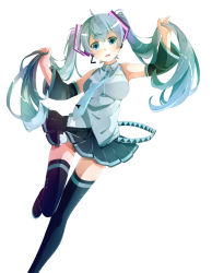 Rule 34 | 1girl, aqua eyes, aqua hair, bad id, bad pixiv id, boots, detached sleeves, hatsune miku, headset, highres, ichirugi, long hair, looking at viewer, necktie, ruffling hair, simple background, skirt, solo, thigh boots, thigh gap, thighhighs, twintails, very long hair, vocaloid, white background