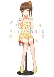 Rule 34 | 1girl, bare shoulders, blush, brown eyes, brown hair, coffee, cup, dress, long hair, musical note, original, ponytail, purea, quaver, saucer, scrunchie, shoes, short hair, sitting, sleeveless, sleeveless dress, smile, solo, stool, teacup