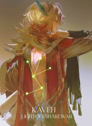 Rule 34 | 1boy, absurdres, blonde hair, brown background, brown hair, cape, character name, closed eyes, constellation, devilcocoa, earrings, facing away, genshin impact, hairpin, highres, jewelry, kaveh (genshin impact), long sleeves, male focus, medium hair, multicolored background, multiple hairpins, red cape, shirt, solo, white background, white shirt