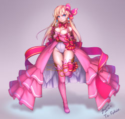 Rule 34 | 1girl, bad id, bad pixiv id, boots, bow, braid, breasts, cleavage, detached sleeves, frills, gem, gradient background, grey background, hair bow, highres, kai-ri-sei million arthur, large breasts, leotard, long hair, looking at viewer, million arthur (series), pink bow, pink footwear, ryu un, side braids, smile, solo, standing, standing on one leg, thigh boots, thighhighs, utahime arthur