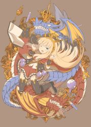 Rule 34 | 10s, 1girl, ;d, alternate eye color, beaker, black thighhighs, blonde hair, blue eyes, blush, book, brown background, cagliostro (granblue fantasy), dragon, granblue fantasy, hairband, long hair, one eye closed, ooide chousuke, open book, open mouth, ouroboros (granblue fantasy), red skirt, sidelocks, simple background, skirt, smile, solo, strap, thighhighs, zettai ryouiki