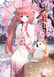 Rule 34 | 1girl, absurdres, bench, blue eyes, cherry blossoms, day, floral print, flower, hair flower, hair ornament, happy new year, highres, japanese clothes, kimono, lazy guang guang, long hair, looking at viewer, new year, obi, oil-paper umbrella, petals, pink hair, sash, shiba inu, sitting, taihou (warship girls r), twintails, umbrella, very long hair, warship girls r, wide sleeves