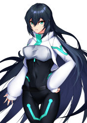 Rule 34 | 1girl, absurdres, black bodysuit, bodysuit, breasts, clenched hand, covered navel, frown, green eyes, gundam, gundam build divers, gundam build divers re:rise, hair between eyes, highres, kurosaki saya, long hair, may (gundam build divers re:rise), medium breasts, open hand, shrug (clothing), sleeves past wrists, solo, thigh gap, very long hair, white background