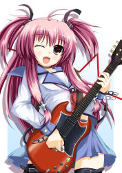 Rule 34 | 10s, 1girl, absurdres, ahoge, angel beats!, bad id, bad pixiv id, belt, blush, choker, cross, demon tail, fang, female focus, gradient background, guitar, highres, instrument, long hair, nekur, pink eyes, pink hair, ribbon, school uniform, serafuku, short twintails, skirt, smile, solo, tail, thigh strap, twintails, two side up, white background, yui (angel beats!)