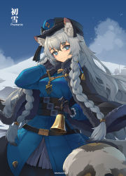Rule 34 | 1girl, animal ears, arknights, artist name, bell, belt, black gloves, blue coat, blue eyes, braid, bright pupils, character name, cloak, coat, fur trim, gloves, grey hair, hand in own hair, hat, highres, leopard ears, leopard tail, long hair, looking at viewer, official alternate costume, pramanix (arknights), pramanix (caster&#039;s frost) (arknights), sima naoteng, smile, solo, tail, twin braids, white pupils