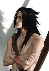 Rule 34 | 1boy, absurdres, bandaged arm, bandages, bare shoulders, black hair, blood, blood on arm, brown eyes, brown straps, chest strap, closed mouth, commentary, crossed arms, english commentary, from side, highres, kayn (league of legends), league of legends, leather strap, long hair, male focus, melilith, navel, pectorals, shadow, solo, topless male, upper body, white background