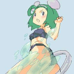 Rule 34 | 1girl, aliasing, animal ears, bikini, blush, brave fencer musashiden, breasts, female focus, green hair, looking back, lowres, mouse ears, mouse tail, nanasyu, short hair, simple background, swimsuit, tail, topo, topo (musashiden)