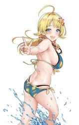 Rule 34 | 1girl, ahoge, armpits, ass, bikini, blonde hair, blue eyes, blush, breasts, butt crack, commentary, flower, hachimiya meguru, hair flower, hair ornament, hamedoragon, idolmaster, idolmaster shiny colors, large breasts, looking at viewer, looking to the side, median furrow, multicolored bikini, multicolored clothes, sideboob, simple background, smile, solo, splashing, swimsuit, twisted torso, v, white background