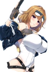 Rule 34 | 1girl, ahoge, aviator sunglasses, belt, blonde hair, blouse, breasts, closed mouth, commentary request, eyewear on head, girls&#039; frontline, grizzly mkv (girls&#039; frontline), gun, highres, l.a.r. manufacturing, lar grizzly win mag, large breasts, leotard, looking at viewer, machine gun, minamon (vittel221), o-ring, o-ring belt, purple eyes, shirt, short hair, shrugging, solo, sunglasses, weapon, white background, white leotard, white shirt