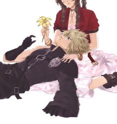 Rule 34 | 1boy, 1girl, aerith gainsborough, armor, bangle, black cape, black gloves, black shirt, black sleeves, blonde hair, blue eyes, boots, bracelet, braid, braided ponytail, breasts, brown hair, cape, choker, cleavage, cloud strife, dress, earrings, fenrir (final fantasy), final fantasy, final fantasy vii, final fantasy vii advent children, final fantasy vii remake, flower, flower choker, gloves, hair between eyes, hand on another&#039;s shoulder, head out of frame, hetero, highres, holding, holding flower, jacket, jewelry, kivavis, kneeling, lap pillow, lily (flower), long dress, long hair, medium breasts, parted bangs, parted lips, pink dress, popped collar, reclining, red jacket, shirt, short hair, short sleeves, shoulder armor, sidelocks, single bare shoulder, single braid, single earring, single shoulder pad, single sleeve, smile, spiked hair, waist cape, white background, wolf, yellow flower