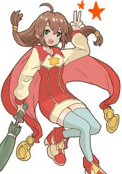 Rule 34 | 1girl, ahoge, brown hair, cape, coat, dress, foot out of frame, green eyes, hair ornament, hairband, highres, lilka eleniak, long hair, looking at viewer, low-tied long hair, open mouth, skirt, smile, solo, thighhighs, twintails, umbrella, v, white-space, white background, white thighhighs, wild arms, wild arms 2, yellow hairband