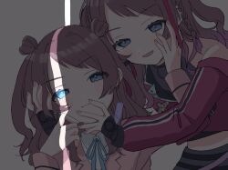 1girl black_gloves black_skirt blazer blue_eyes blue_ribbon braid brown_hair closed_mouth collar collared_shirt crack_of_light curtained_hair dot_nose dual_persona eyelashes fingerless_gloves gakuen_idolmaster gloves hanami_saki hand_on_another&#039;s_cheek hand_on_another&#039;s_face highres htnmanpp idolmaster jacket light_blush long_hair long_sleeves looking_at_viewer midriff neck_ribbon off_shoulder open_mouth parted_bangs pink_jacket pink_nails purple_jacket ribbon shirt sidelocks skirt two_side_up upper_body wavy_hair white_collar