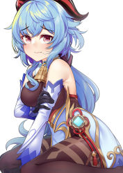 Rule 34 | absurdres, bare shoulders, bell, between legs, black gloves, black legwear, blue hair, blush, bow, bowtie, breasts, chinese knot, detached sleeves, embarrassed, flower knot, ganyu (genshin impact), genshin impact, gloves, gold trim, grabbing own arm, hand between legs, highres, horns, kuma-ra, long hair, looking at viewer, medium breasts, neck bell, purple eyes, sidelocks, sitting, solo, tassel, thighlet, vision (genshin impact), wariza, wavy mouth, white background, white sleeves