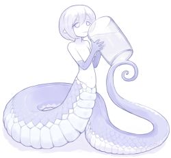 Rule 34 | 1girl, blue theme, drinking, flat chest, glass, holding, idon, lamia, mini person, minigirl, monochrome, monster girl, nude, original, parted lips, pointy ears, scales, short hair, simple background, smile, solo, tareme, topfreedom, white background
