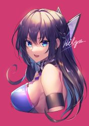 Rule 34 | 1girl, :d, arm strap, bare shoulders, black hair, blue eyes, bow, bowtie, breasts, character name, cropped arms, cropped torso, from side, large breasts, long hair, looking at viewer, looking to the side, milcho, open mouth, original, pink background, purple hair, sideboob, signature, simple background, skindentation, smile, white bow, white neckwear