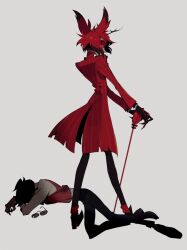 Rule 34 | 2boys, alastor (hazbin hotel), antlers, black hair, cane, colored sclera, commentary request, deer antlers, dual persona, formal, glasses, hazbin hotel, higa423, holding, holding cane, horns, humanization, looking at viewer, looking back, male focus, multicolored hair, multiple boys, on ground, red eyes, red hair, red sclera, short hair, simple background, vest