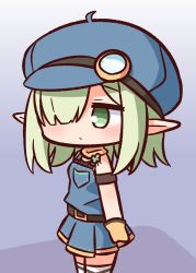 Rule 34 | 1girl, aoi (mechanic) (princess connect!), aoi (princess connect!), bare shoulders, black shirt, blue hat, blush, brown gloves, cabbie hat, chibi, closed mouth, commentary request, gloves, green eyes, green hair, hair over one eye, hana kazari, hat, highres, looking away, overall skirt, pointy ears, princess connect!, shirt, solo, standing, thighhighs, white thighhighs