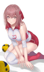 Rule 34 | 1girl, ball, breasts, brown hair, elbow sleeve, girls und panzer, hair ribbon, highres, kneeling, kondou taeko, large breasts, lips, looking at viewer, mexif, over-kneehighs, parted lips, red footwear, red ribbon, ribbon, short hair, solo, sportswear, thighhighs, volleyball, volleyball (object), volleyball uniform, white thighhighs