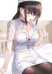 Rule 34 | 1girl, absurdres, black hair, blush, bra, breasts, choker, cleavage, collarbone, commentary request, cowboy shot, hair between eyes, has bad revision, has downscaled revision, hat, highres, kfr, large breasts, long hair, md5 mismatch, nurse, nurse cap, open mouth, original, pantyhose, purple eyes, resolution mismatch, short sleeves, sitting, solo, source smaller, tongue, underwear, wet, wet clothes