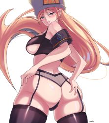 Rule 34 | 1girl, ass, ass grab, bare shoulders, blonde hair, blush, breasts, come hither, from behind, garter belt, green eyes, guilty gear, guilty gear strive, hat, highres, huge ass, large breasts, long hair, looking at viewer, looking back, millia rage, nadir (hiserinadir), naughty face, panties, partially visible vulva, shiny clothes, shiny skin, sideboob, smile, solo, thighhighs, thong, underwear, very long hair
