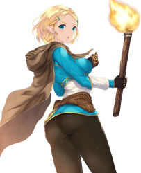 Rule 34 | 1girl, aqua eyes, ass, blonde hair, blush, braid, breasts, brown pants, cait aron, cloak, crown braid, fingerless gloves, fire, from behind, gloves, hair ornament, hairclip, highres, holding, holding torch, large breasts, looking at viewer, looking back, nintendo, open mouth, pants, parted bangs, pointy ears, princess zelda, short hair, solo, the legend of zelda, the legend of zelda: tears of the kingdom, torch