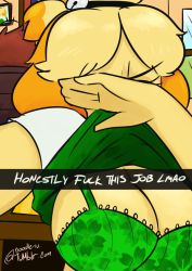 Rule 34 | 1girl, animal crossing, animal ears, blonde hair, bra, breasts, cleavage, clothes lift, covering face, english text, fake phone screenshot, fake screenshot, flashing, floral print, furry, green bra, indoors, isabelle (animal crossing), medium breasts, nintendo, noodle-lu, selfie, shirt, shirt lift, snapchat, solo, tagme, underwear, upper body, white shirt