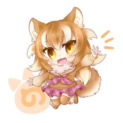 Rule 34 | 10s, 1girl, :d, ^^^, animal ears, blush, boots, breast pocket, brown footwear, brown hair, brown shirt, brown thighhighs, chibi, collared shirt, fang, full body, fur-trimmed boots, fur collar, fur trim, gradient clothes, gradient eyes, hicoten, japanese wolf (kemono friends), japari symbol, jumping, kemono friends, legs up, light brown hair, long hair, long sleeves, multicolored eyes, multicolored hair, neckerchief, no nose, open hand, open mouth, outstretched arms, pink neckerchief, pink skirt, plaid, plaid neckerchief, plaid skirt, pleated skirt, pocket, sailor collar, school uniform, serafuku, shirt, simple background, skirt, sleeve cuffs, smile, solo, tail, thighhighs, tsurime, waving, wavy hair, white background, wolf ears, wolf tail, yellow eyes, zettai ryouiki